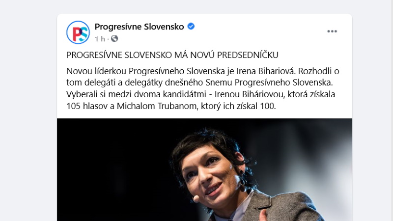 Irena Biháriová sa stala predsedníčkou strany Progresívne Slovensko.