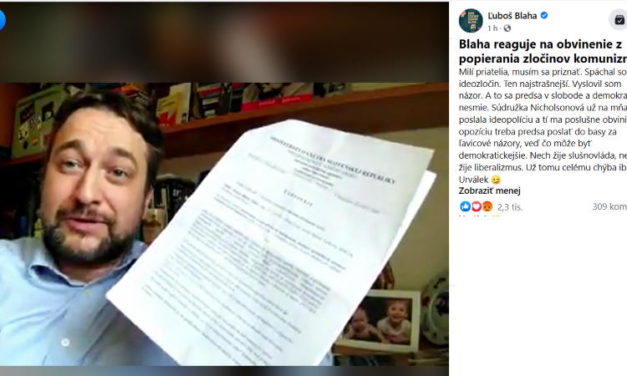 Luboš Blaha je obvinený z ideozločinu, na základe udania Lucie Nicholsonovej z SaS.